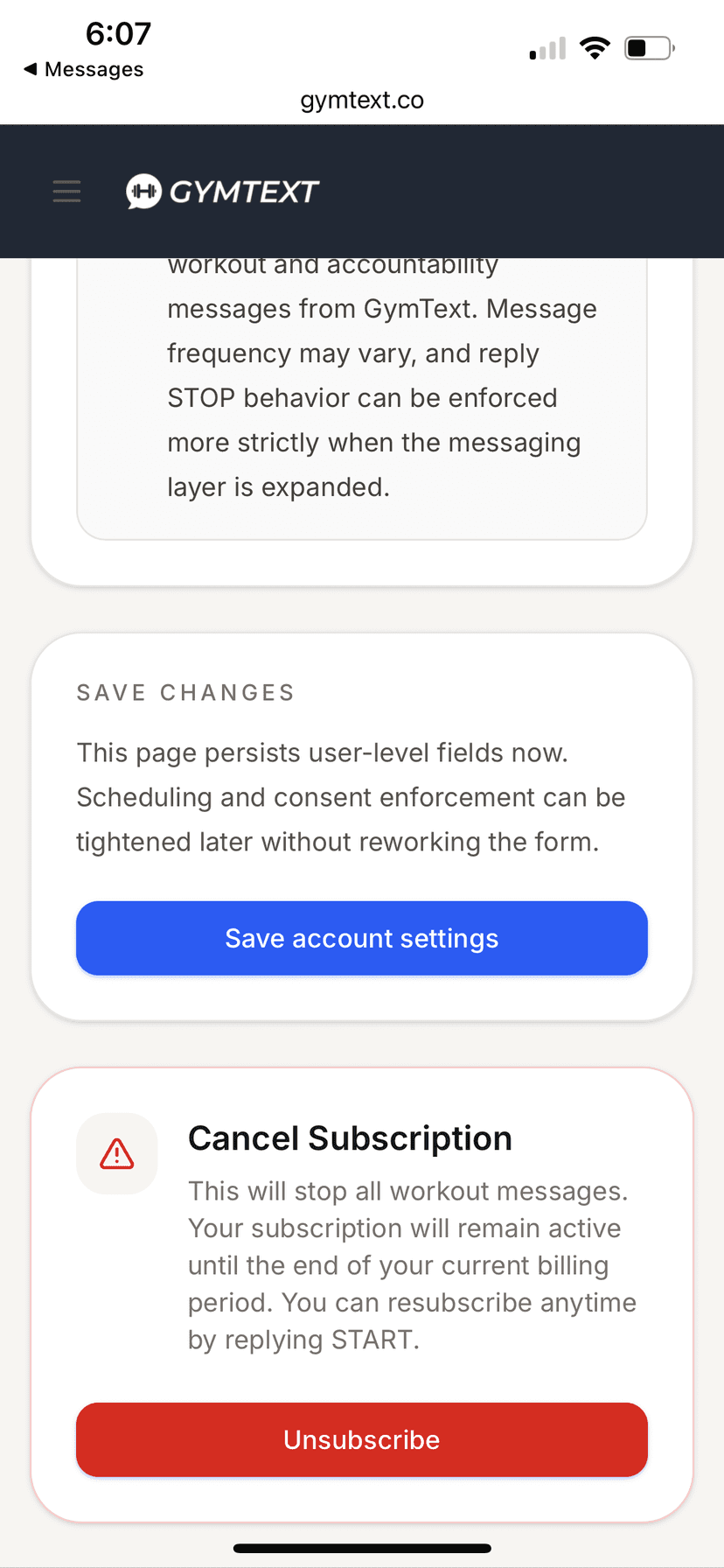 Account Settings page showing the Cancel Subscription section with Unsubscribe button