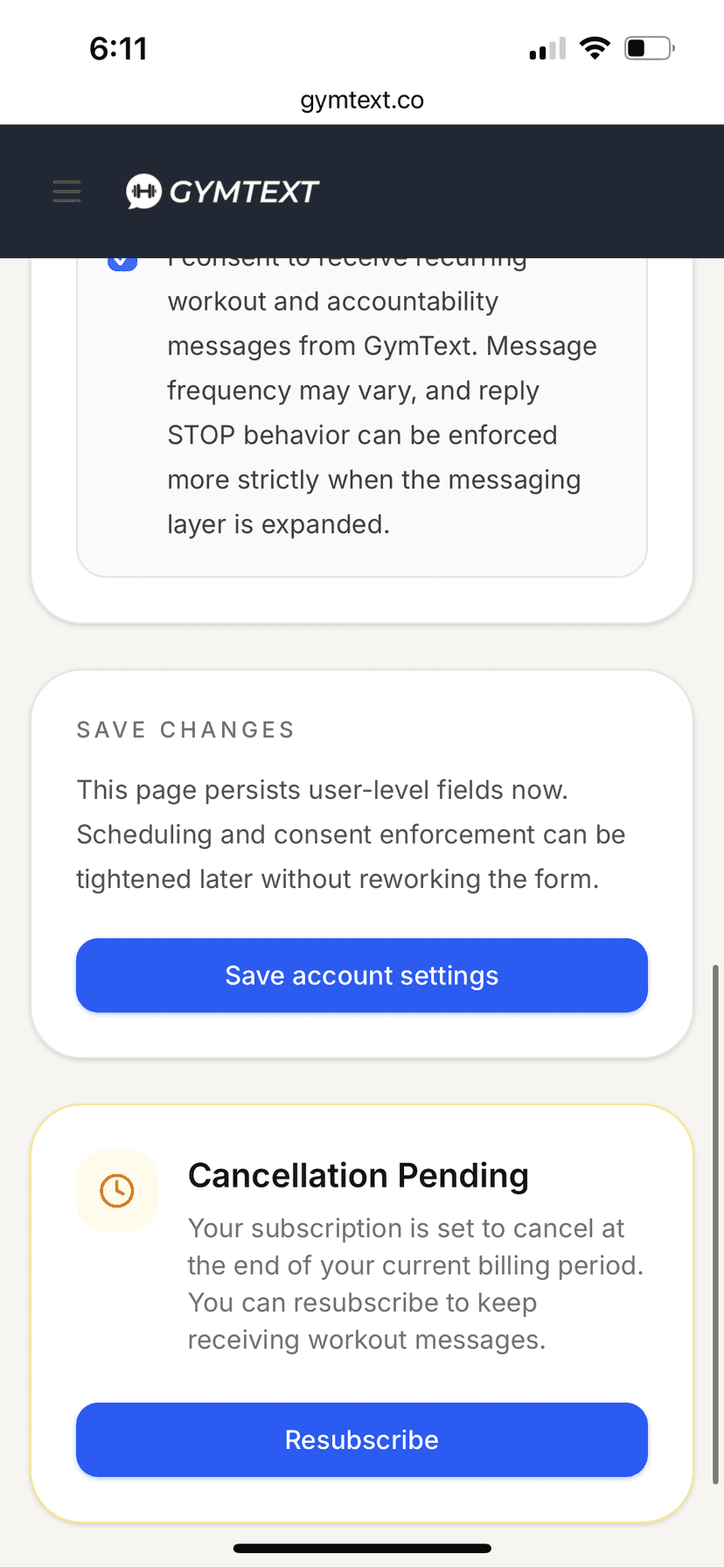 Account Settings page showing Cancellation Pending status with Resubscribe button