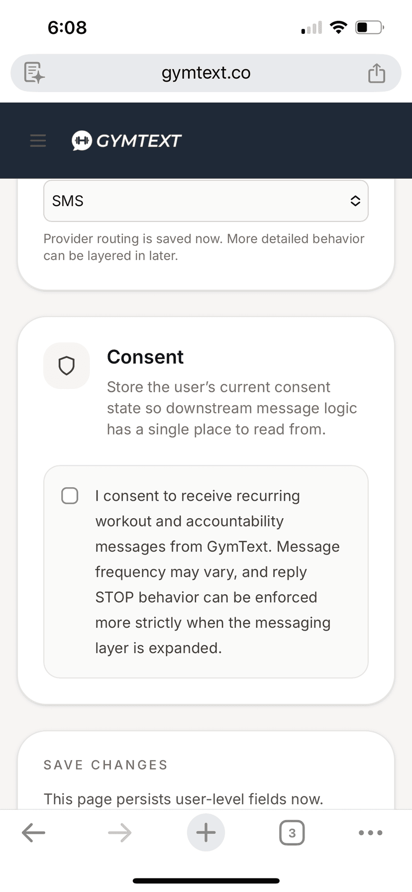 Account Settings page showing the consent checkbox unchecked, opting out of SMS messages