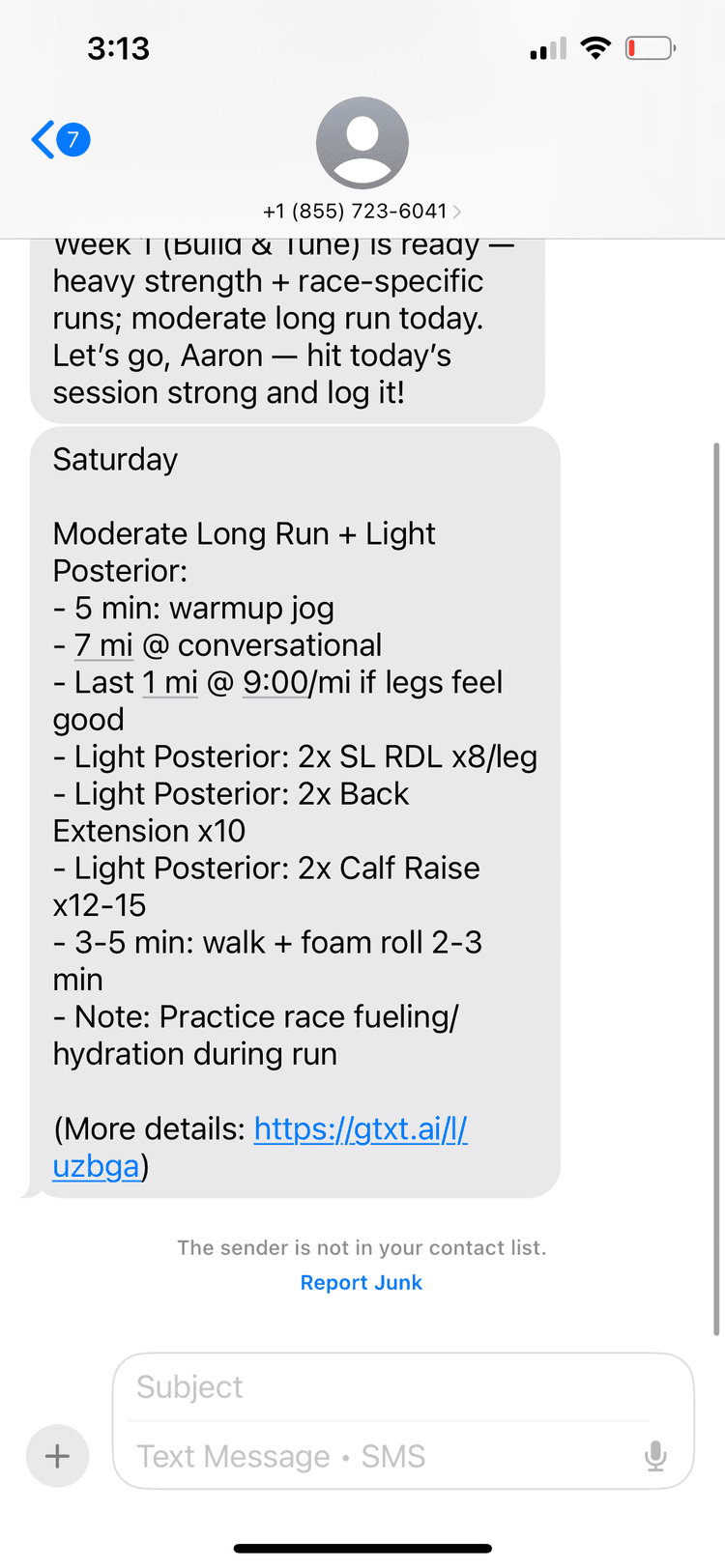 Example daily workout SMS from GymText with detailed exercise instructions